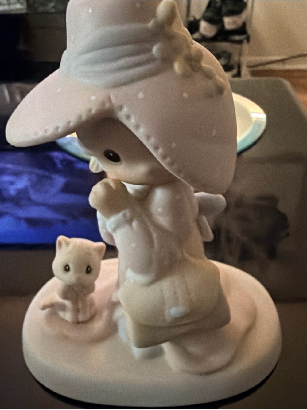 Precious Moments Porcelain Girl and Kitten Figurine in Soft Cream and Pink